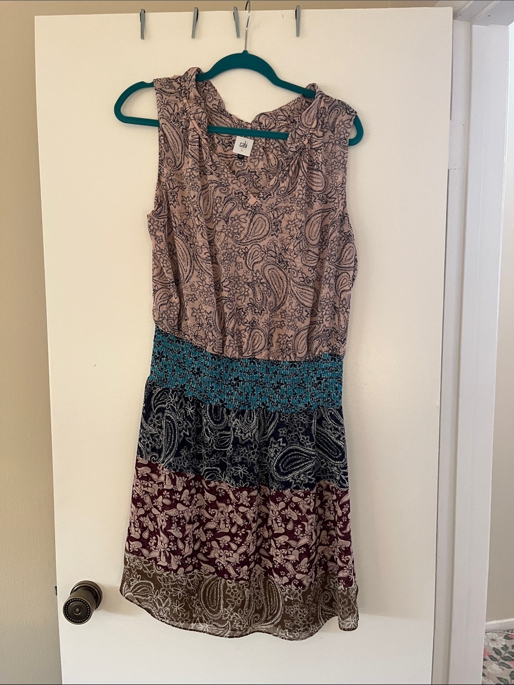CAbi Sleeveless Tiered Paisley Midi Dress in Mauve, Teal, Navy, Burgundy